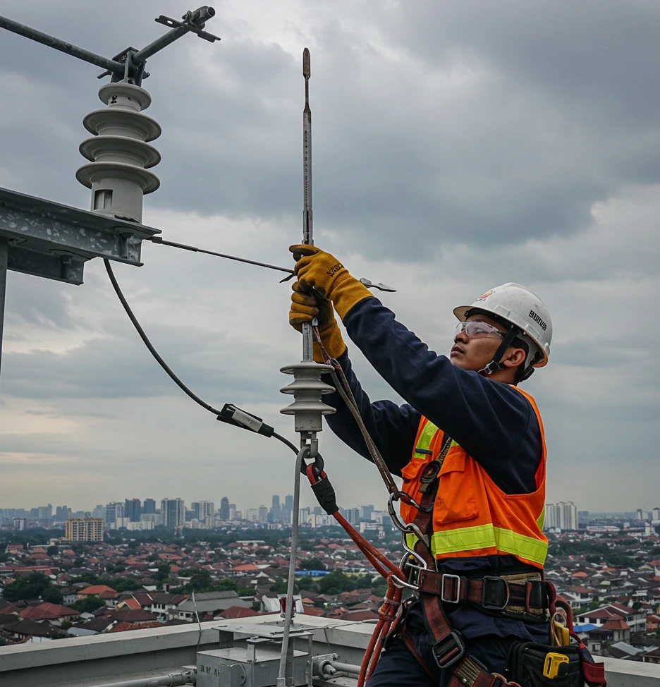 Teknisi instalasi penangkal petir gedung di rooftop